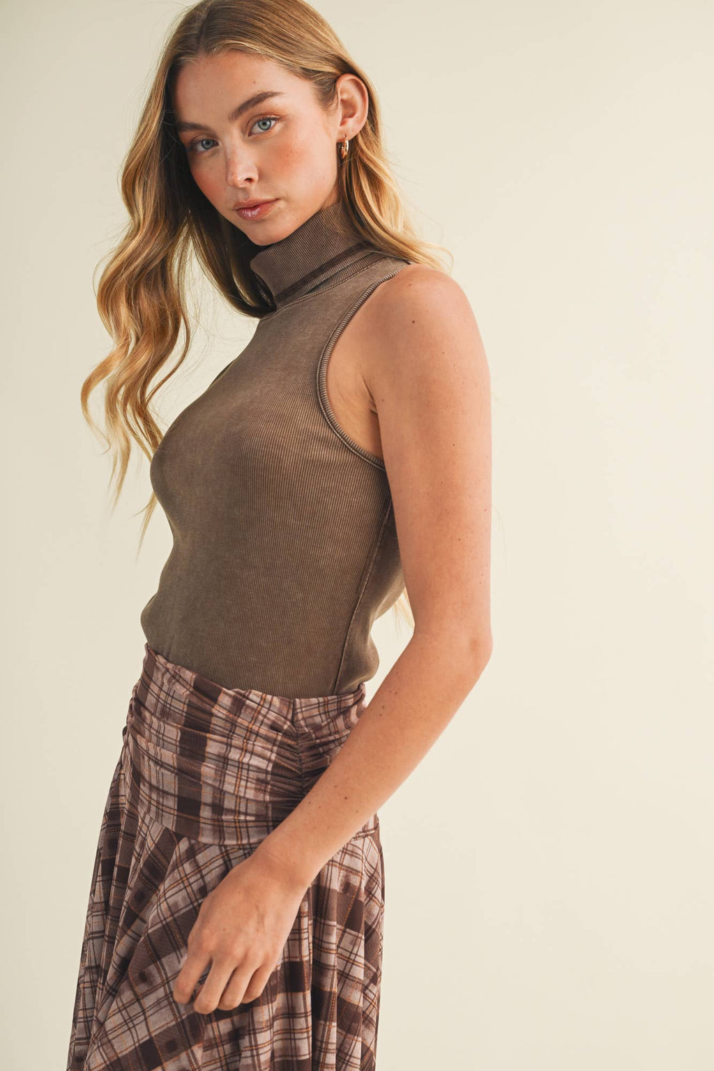 Mineral Washed Ribbed Knit Turtleneck Top