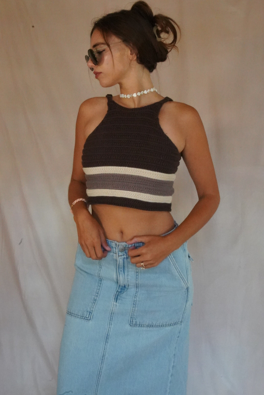 Stripe High-Neck Sweater Knit Halter Top